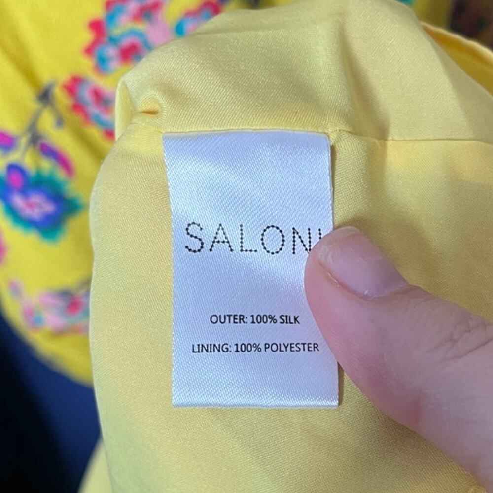 Saloni Holly Midi Dress Silk Crepe De Chine yellow floral flounce ruffle size 8 - Picture 7 of 7